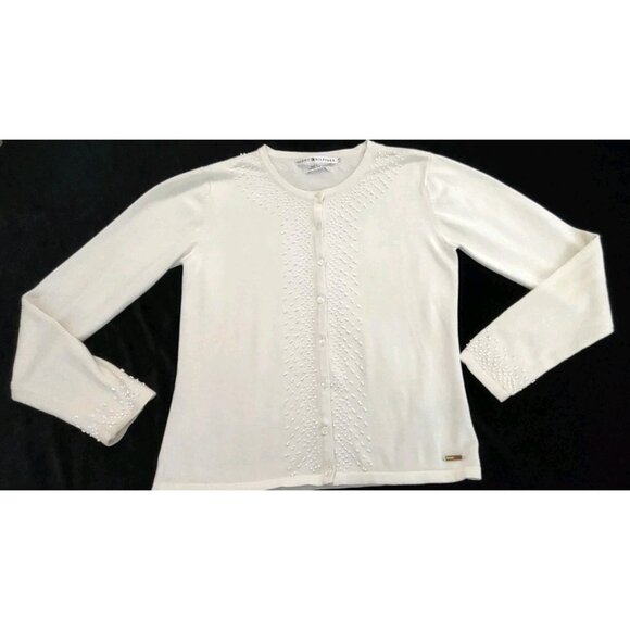 Tommy Hilfiger Women S Ivory Knit Cotton Cardigan Sweater Button Pearls Beaded - Picture 1 of 14
